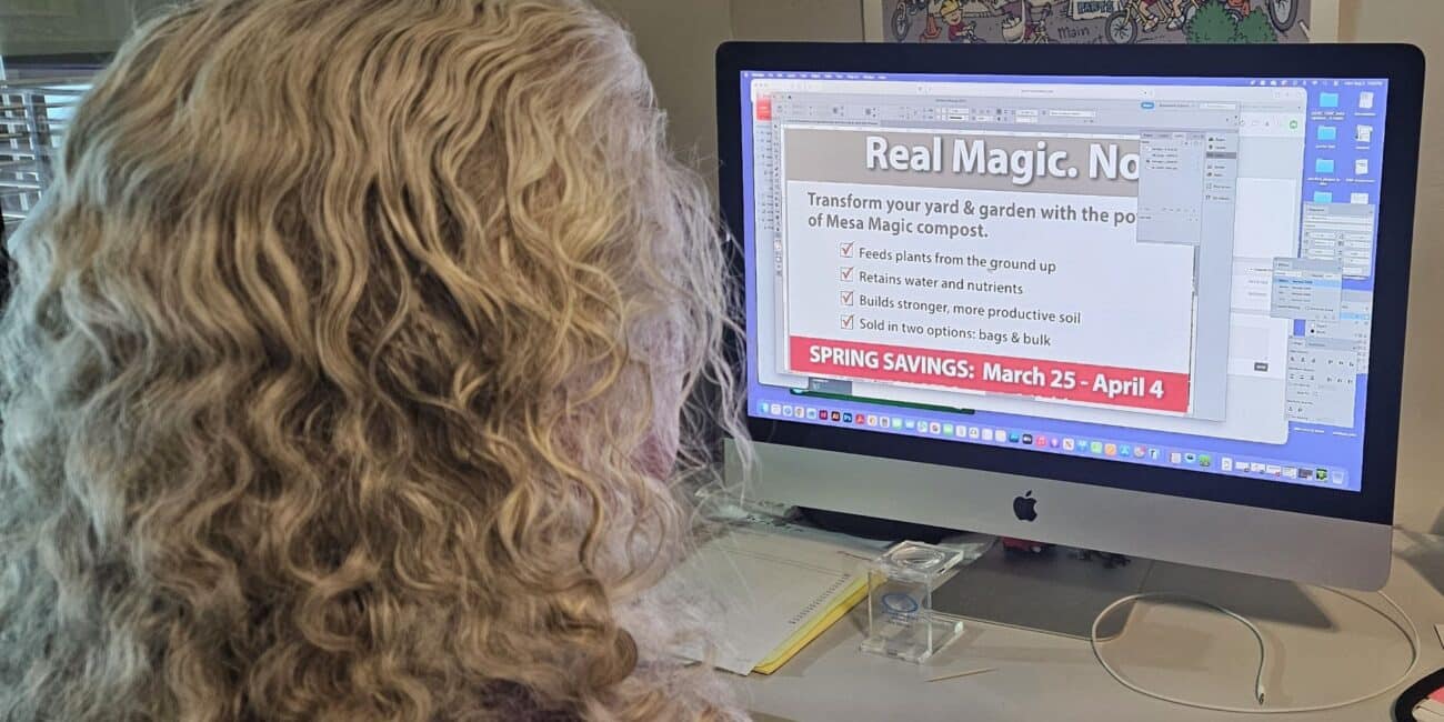 over the shoulder image of man with curly gray hair working on computer to demonstrate how fractional CMOs can help